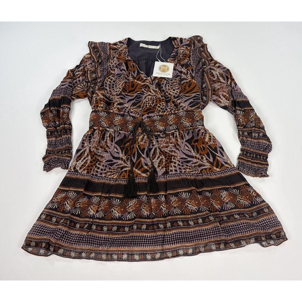 Marie Oliver Kinsley Dress Women's M Orchid Leaf Print Ruffle Long Sleeve Mini